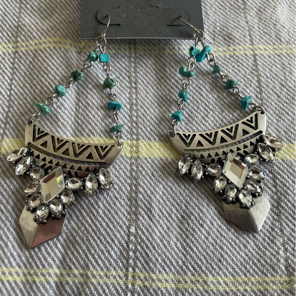 Express Turquoise and Diamond Crystal Dangly Statement Earrings - Picture 6 of 8